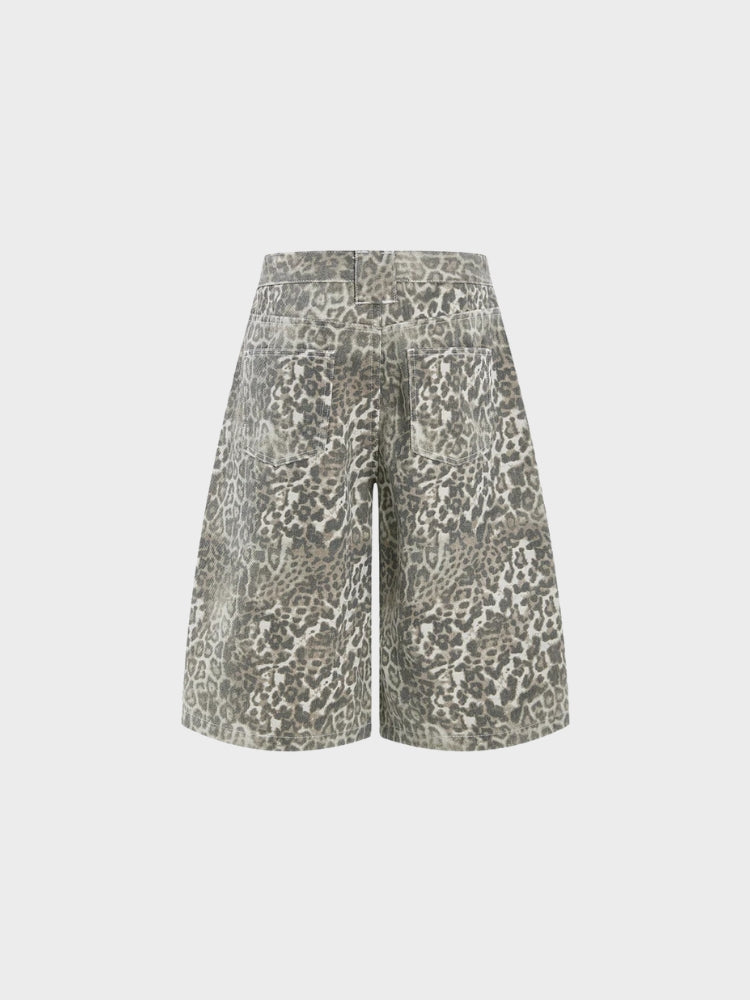 Leopard Print Baggy Denim Shorts