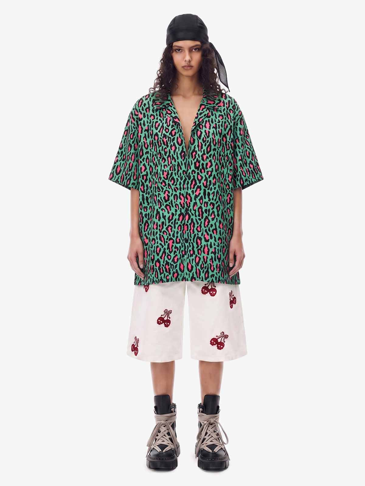 Revelse™  Faux Fur Leopard Print Boxy Shirt Green