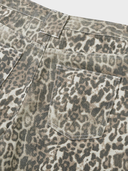 Leopard Print Baggy Denim Shorts