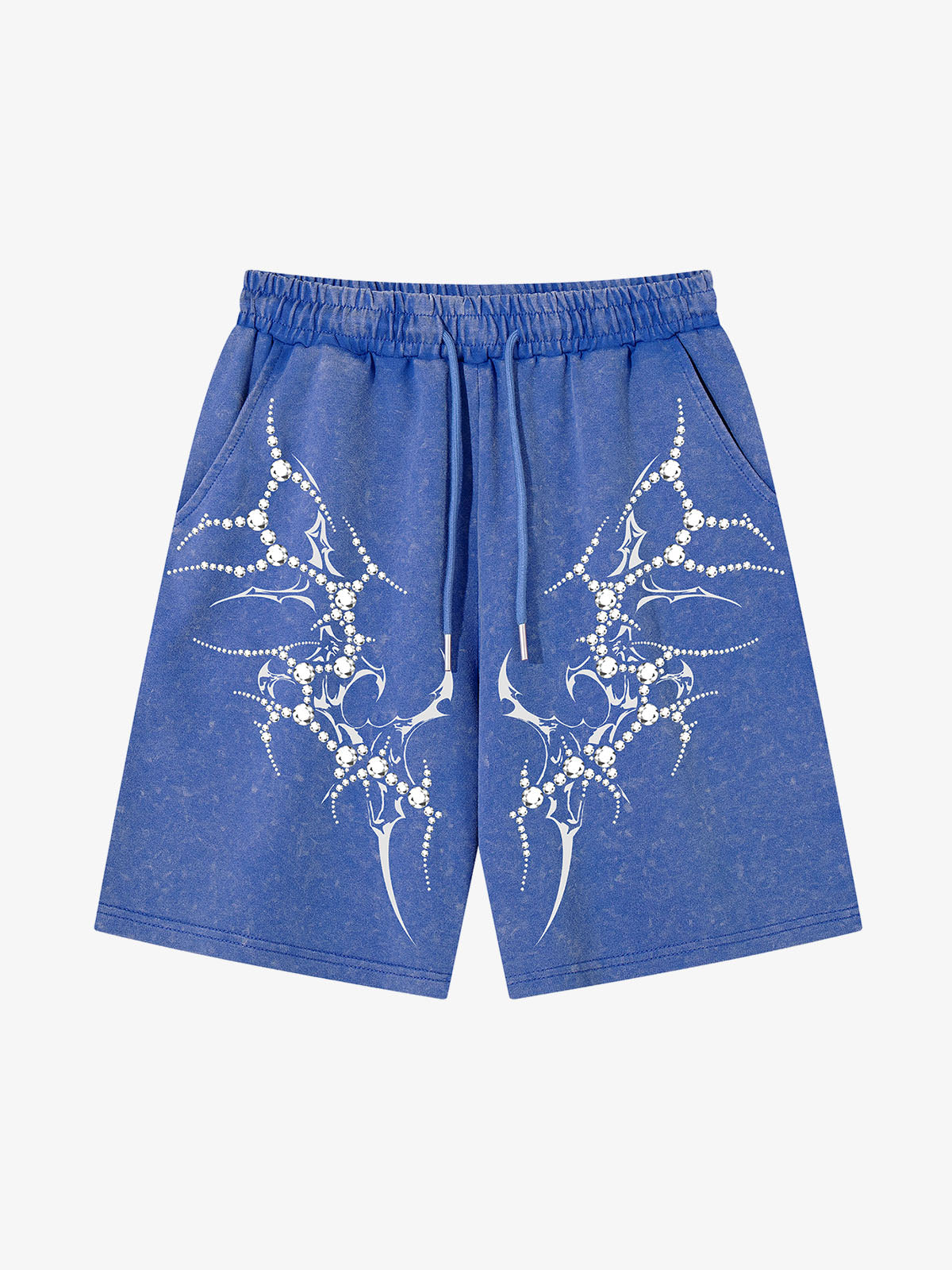 Front view of women's cotton shorts with distressed hems and rhinestones