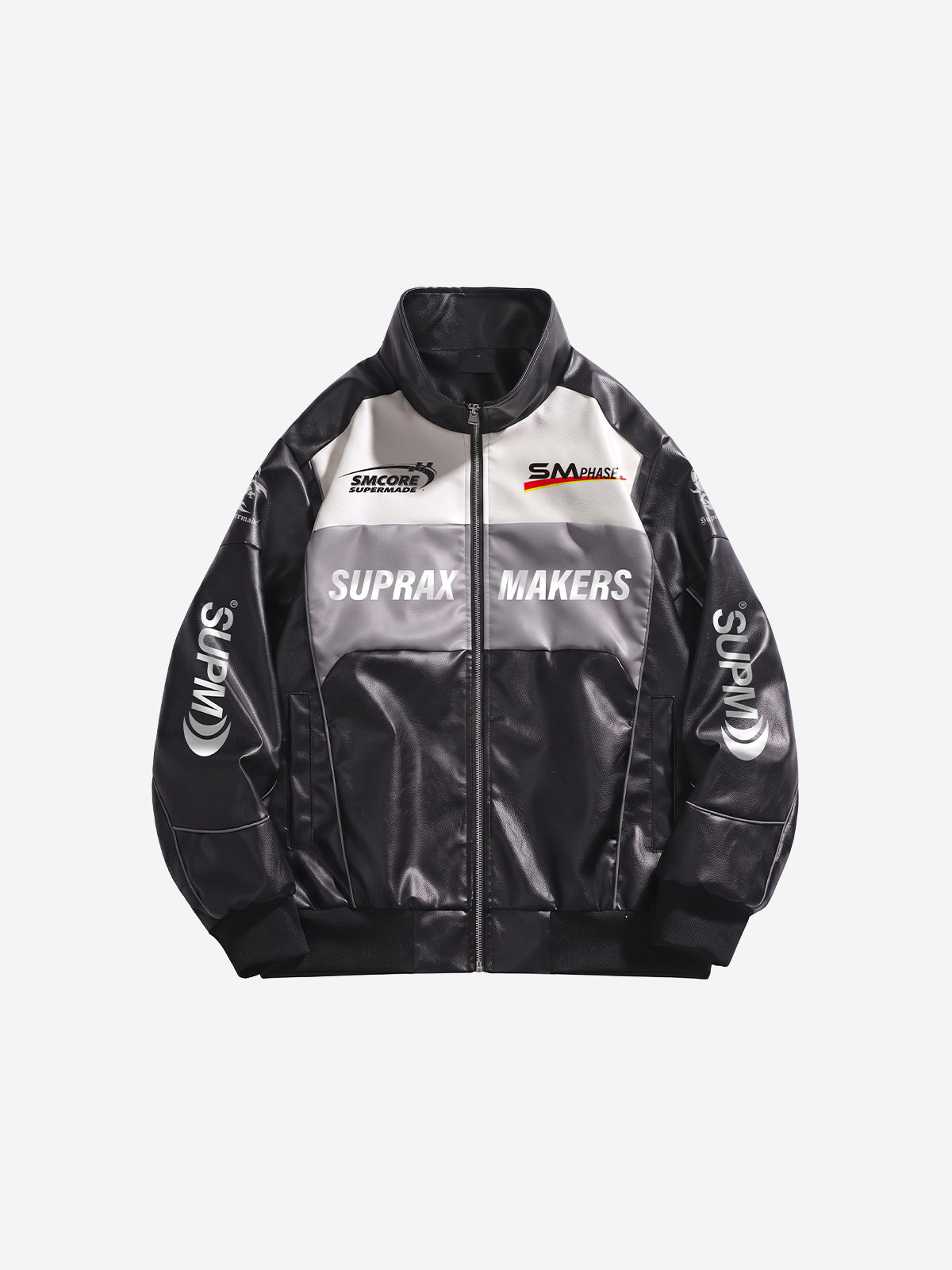 Detailed view of the racing graphic on the faux leather streetwear jacket