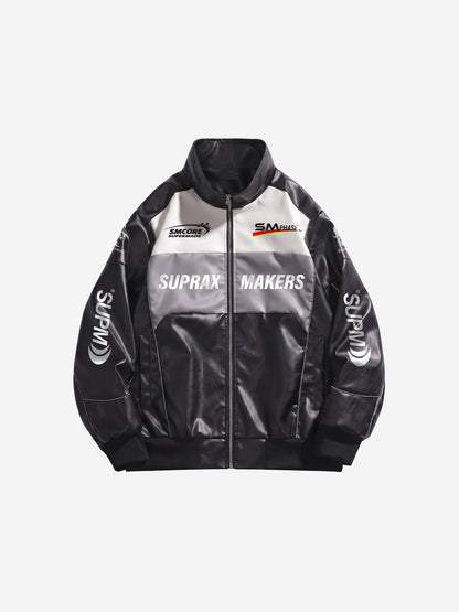 Detailed view of the racing graphic on the faux leather streetwear jacket