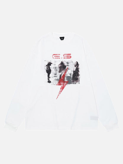 Oversized Abstract Lightning Graphic Long Sleeve T-Shirt