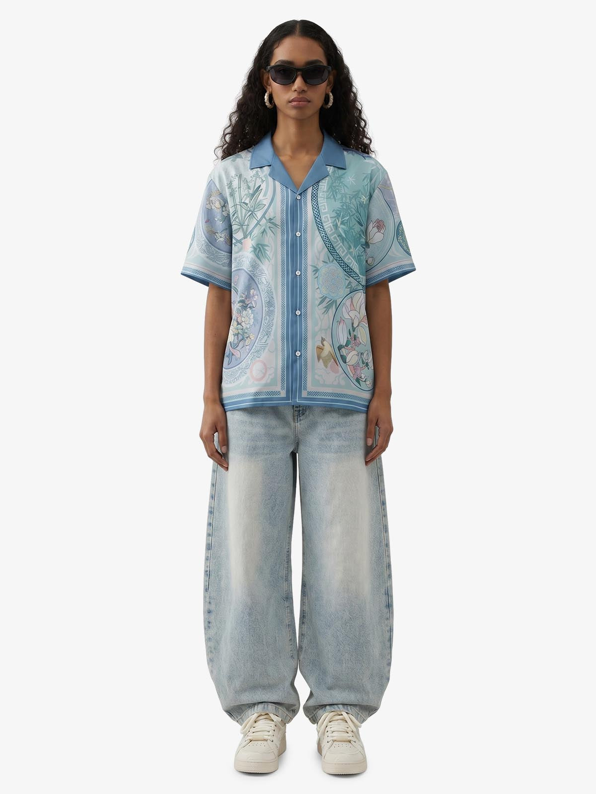 Revelse™  Silky Camp Collar Boxy Shirt Porcelain Floral Print