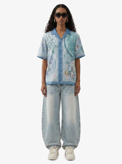 Revelse™  Silky Camp Collar Boxy Shirt Porcelain Floral Print