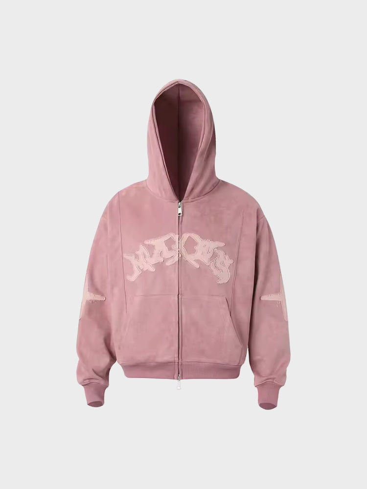Embroidered Loose-Fit Zip-Up Hoodie