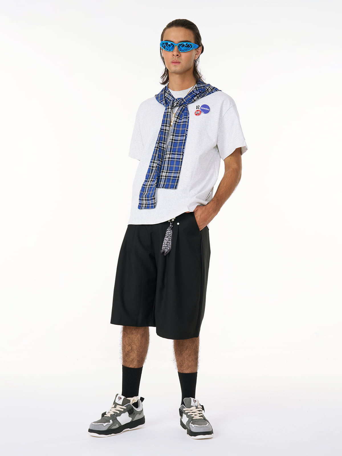 Plaid Jersey Knit Hooded Cape T-Shirt with Detachable Badge