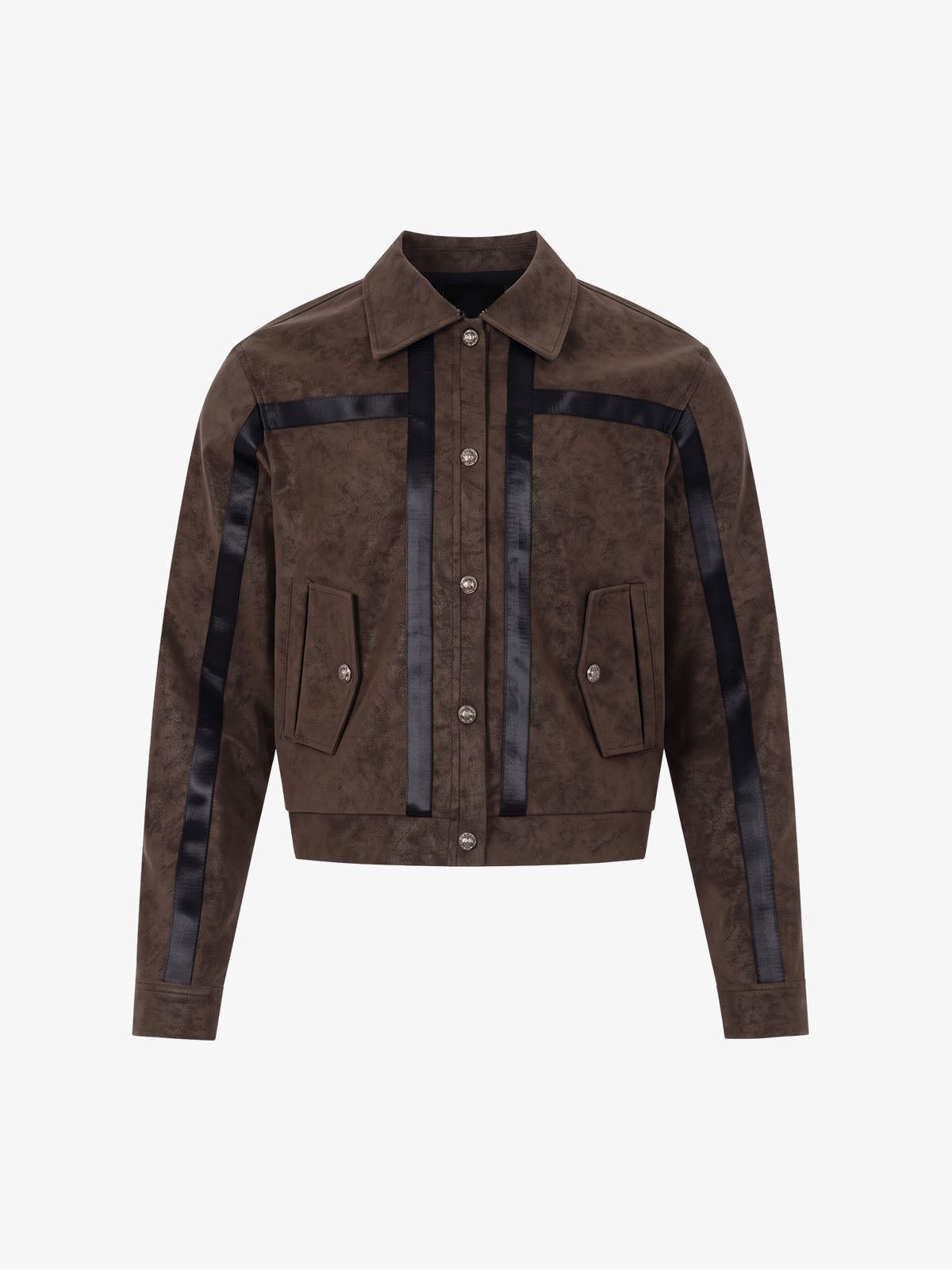 Front view of a brown faux leather cropped jacket with a distinctive patchwork design