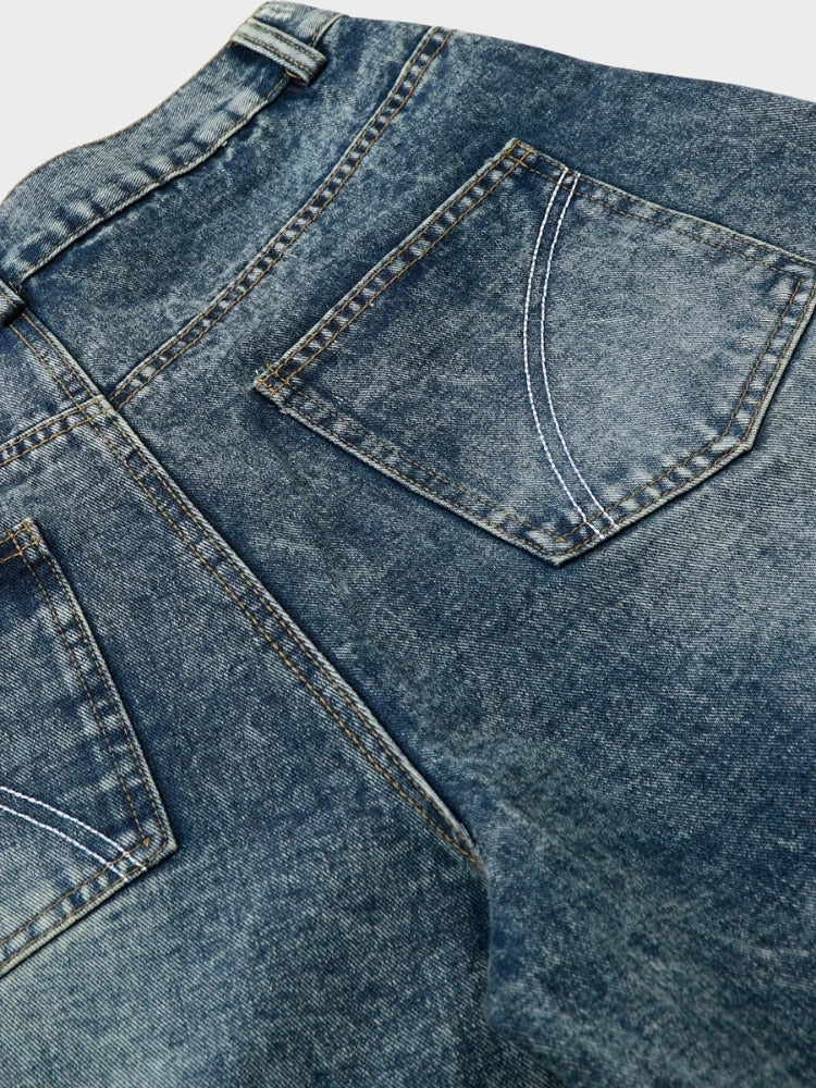 Longline Baggy Studded Denim Shorts Gray Blue