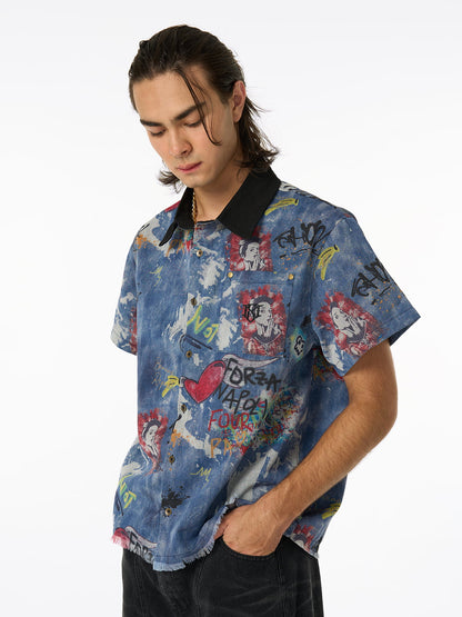 Tie-Dye Denim Polo T-Shirt with Graffiti Print