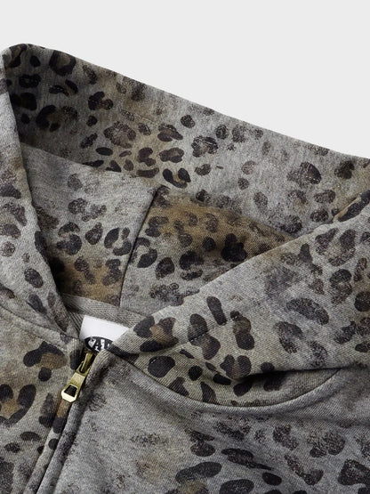 Leopard Print Vintage Washed Zip Hoodie Thick Cotton