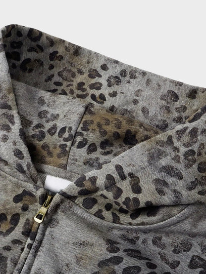 Revelse™ Leopard Print Vintage Washed Zip Hoodie Thick Cotton