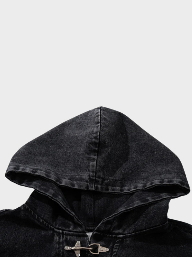 Washed Denim Toggle Front Hoodie Black