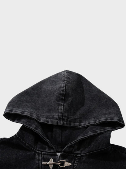 Washed Denim Toggle Front Hoodie Black