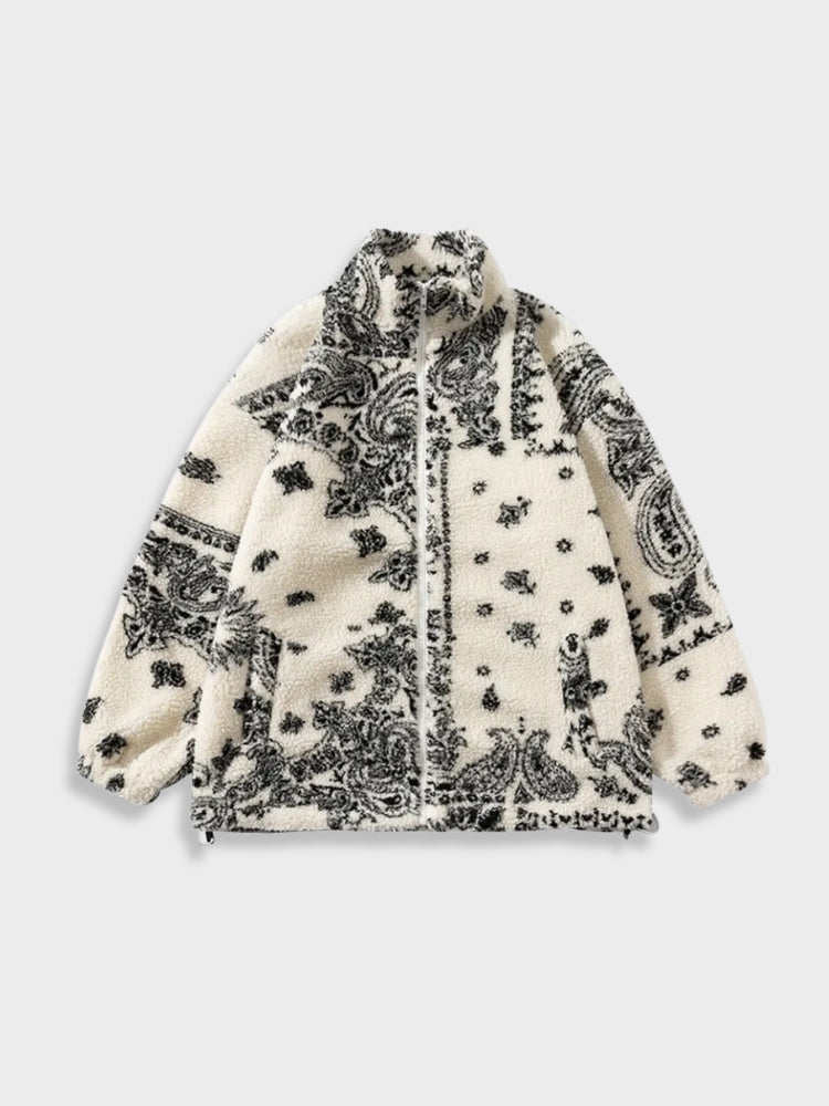 Lamb Fleece Jacket Paisley Pattern Loose Fit