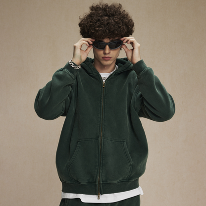 Washed Oversized Retro Zip-Up Hoodie