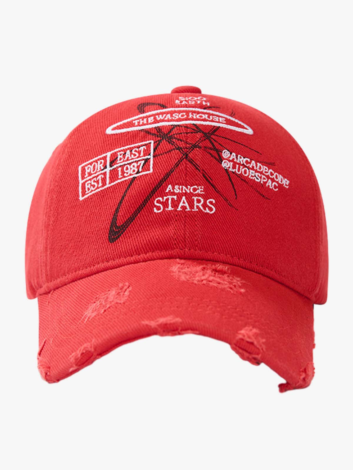 Close-up of embroidered detail on washed distressed baseball cap