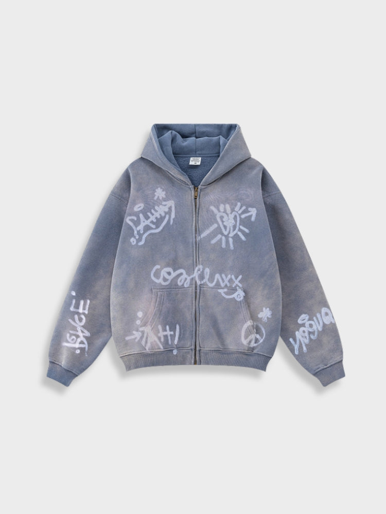 Unisex Graffiti Print Washed Zip-Up Hoodie