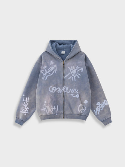 Unisex Graffiti Print Washed Zip-Up Hoodie