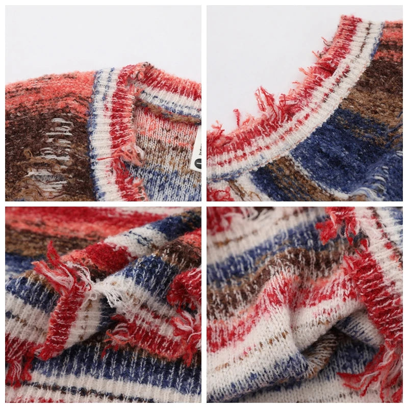 Baggy Knitted Sweater Vest Vintage Gradient Stripe Washed