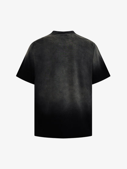 Side view of washed graphic cotton T-shirt showing easy relaxed shape