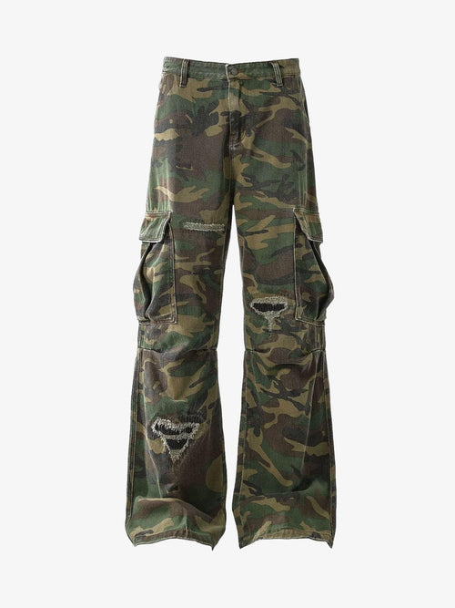 Woven Ripped Camouflage Cargo Baggy Pants