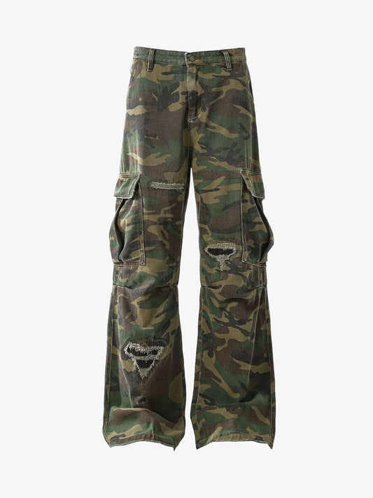 Woven Ripped Camouflage Cargo Baggy Pants