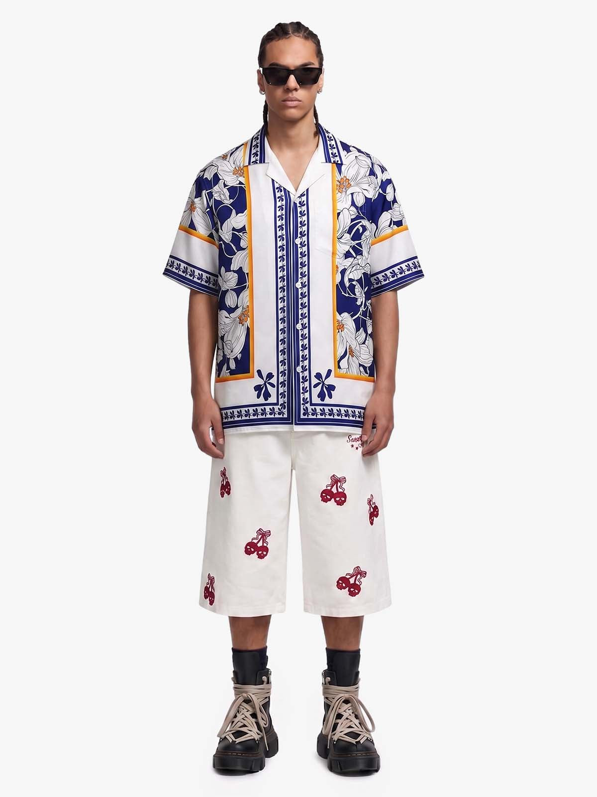 Revelse™  Porcelain Print Cuban Collar Boxy Shirt