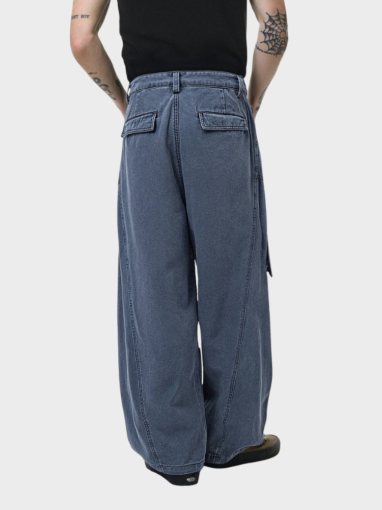 Oversized Wrinkled Cargo Denim Pants Elastic Waist