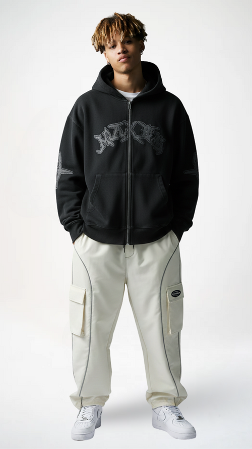 Embroidered Loose-Fit Zip-Up Hoodie