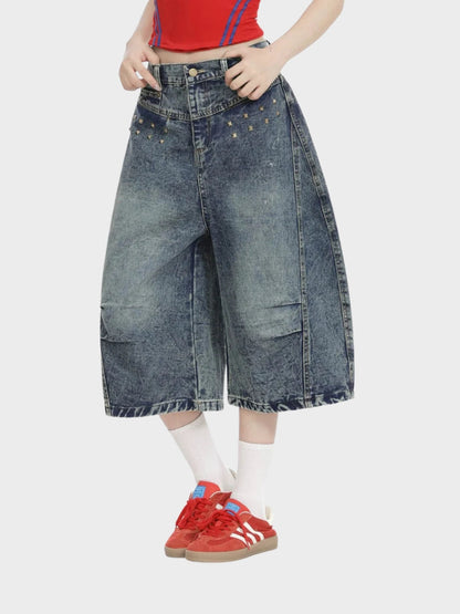 Longline Baggy Studded Denim Shorts Gray Blue