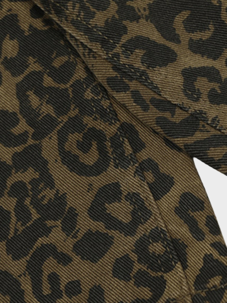 Leopard Print Wide-Leg Denim Shorts Women's