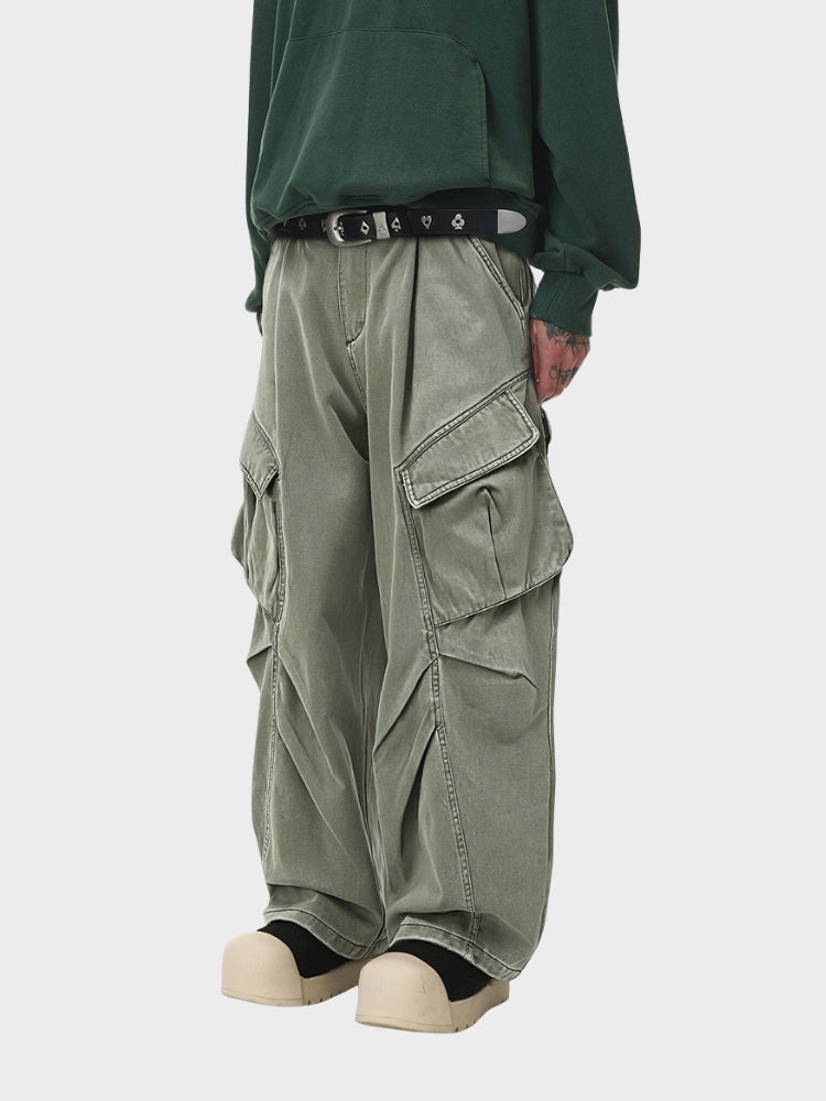 Oversized Wrinkled Cargo Denim Pants Elastic Waist
