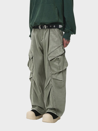Oversized Wrinkled Cargo Denim Pants Elastic Waist