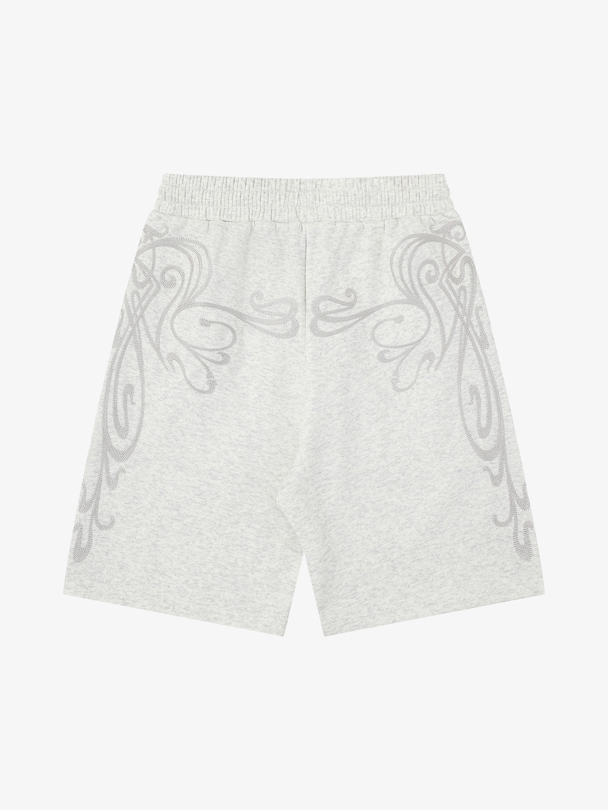 Rear view of men's graphic sweat shorts showing plain back