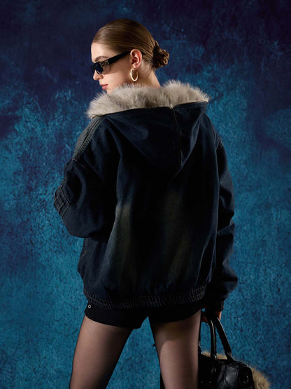Washed Cotton Fur Hooded Jacket