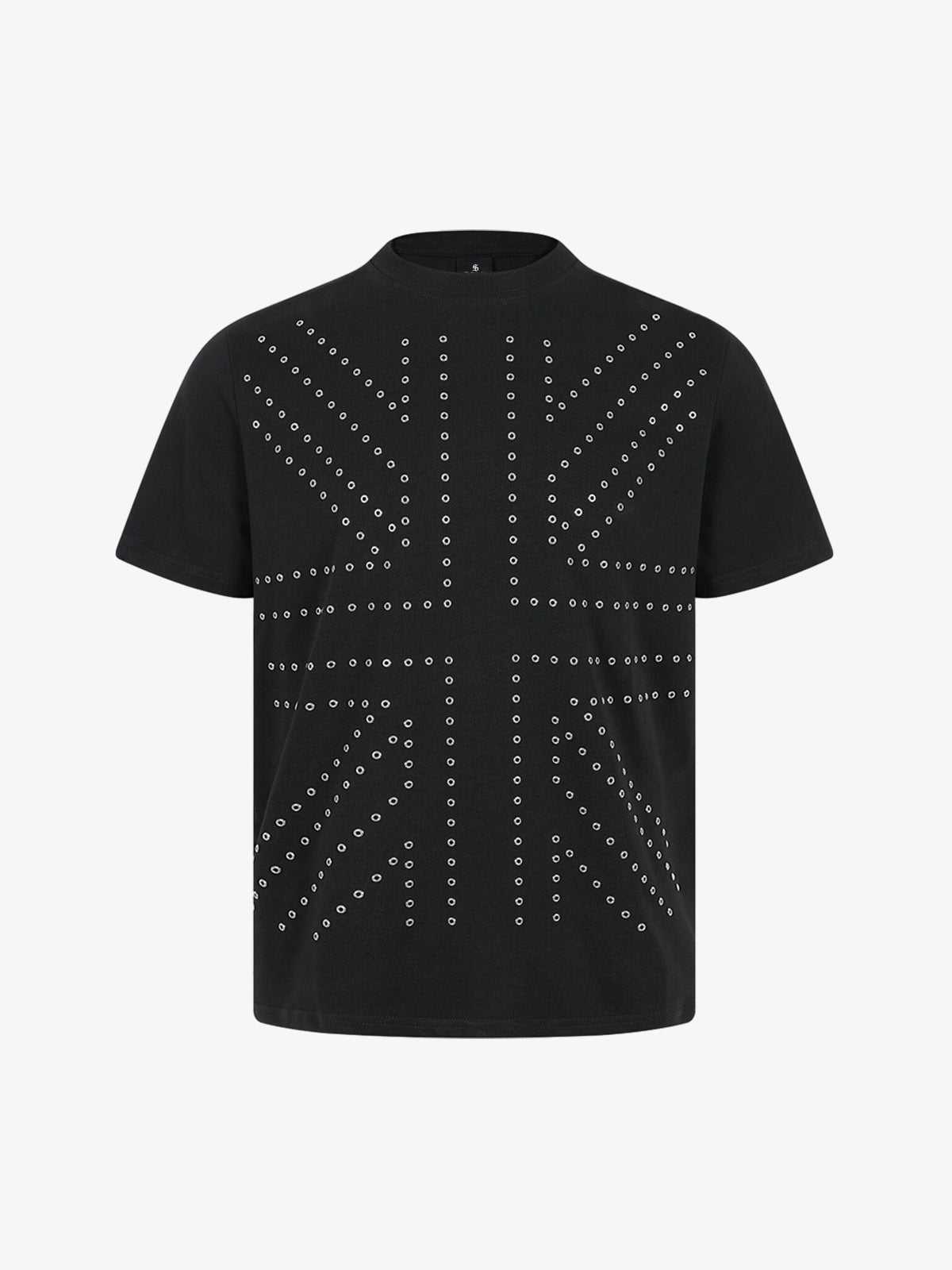 Front view of black cropped cotton T-shirt with silver grommet detail