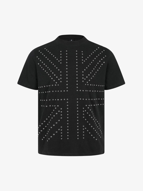 Front view of black cropped cotton T-shirt with silver grommet detail