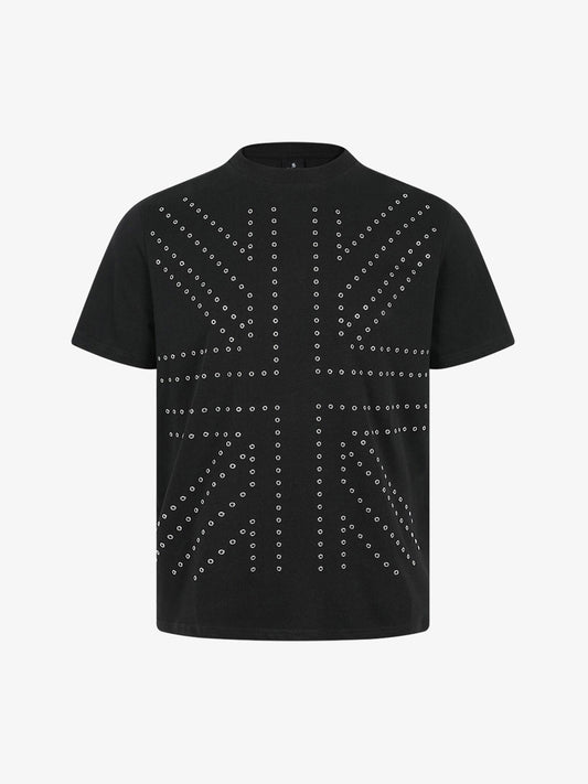 Front view of black cropped cotton T-shirt with silver grommet detail