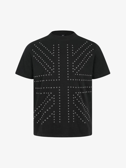 Black Cropped Cotton T-Shirt With Silver Grommet Detail
