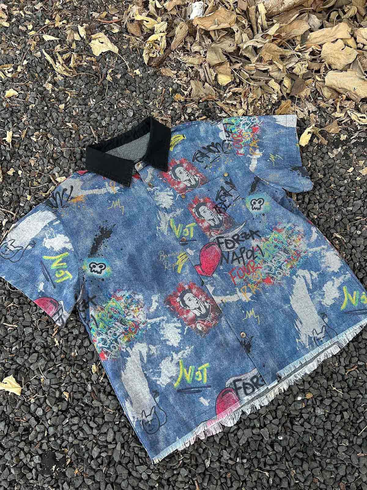 Tie-Dye Denim Polo T-Shirt with Graffiti Print