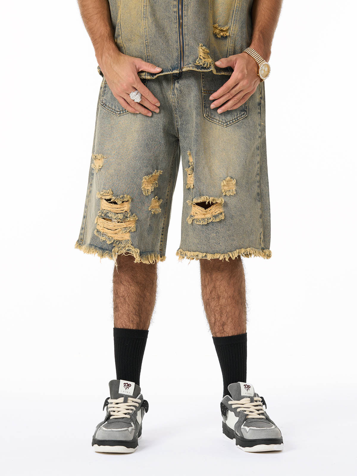 Men's Ripped Distressed Denim Jacket and Pants Set