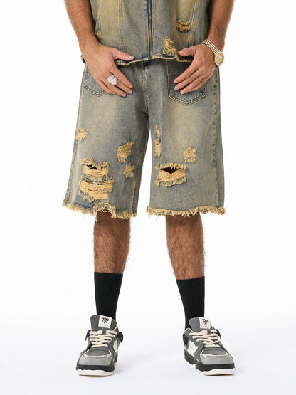 Men's Ripped Distressed Denim Jacket and Pants Set