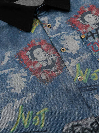 Tie-Dye Denim Polo T-Shirt with Graffiti Print