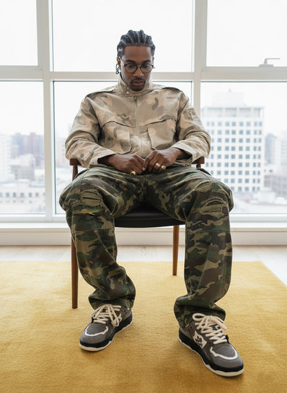 Close-up of the reflective laces on camouflage street trainers