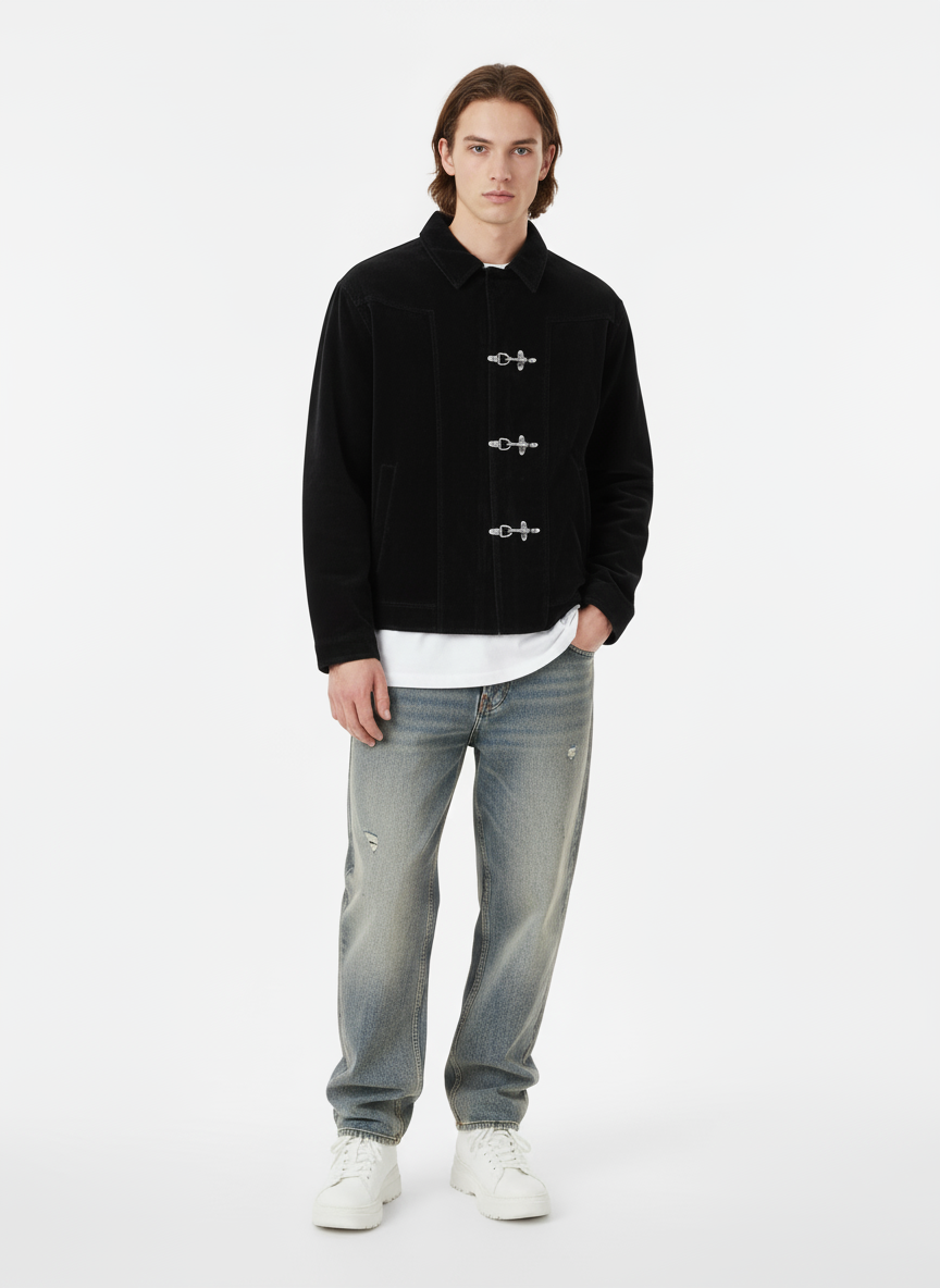 Retro Suede Bomber Jacket with Metal Button Lapel