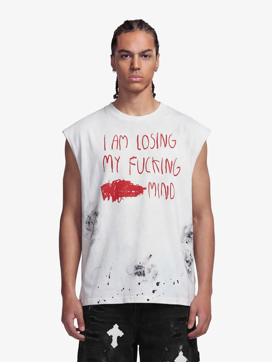 Grunge Slogan Print Distressed Raw Hem Sleeveless T-Shirt