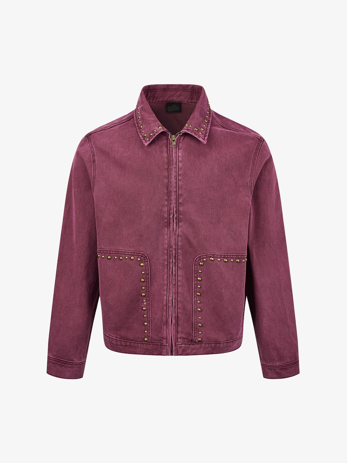 Front view of a boxy denim jacket with decorative studs