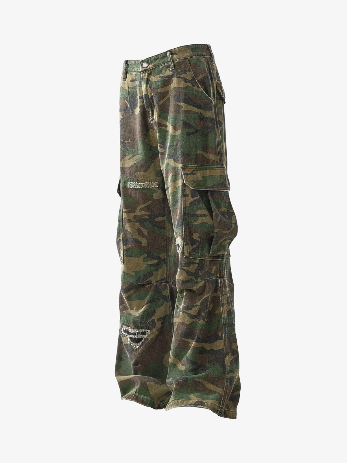 Woven Ripped Camouflage Cargo Baggy Pants