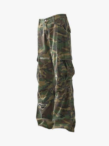 Woven Ripped Camouflage Cargo Baggy Pants